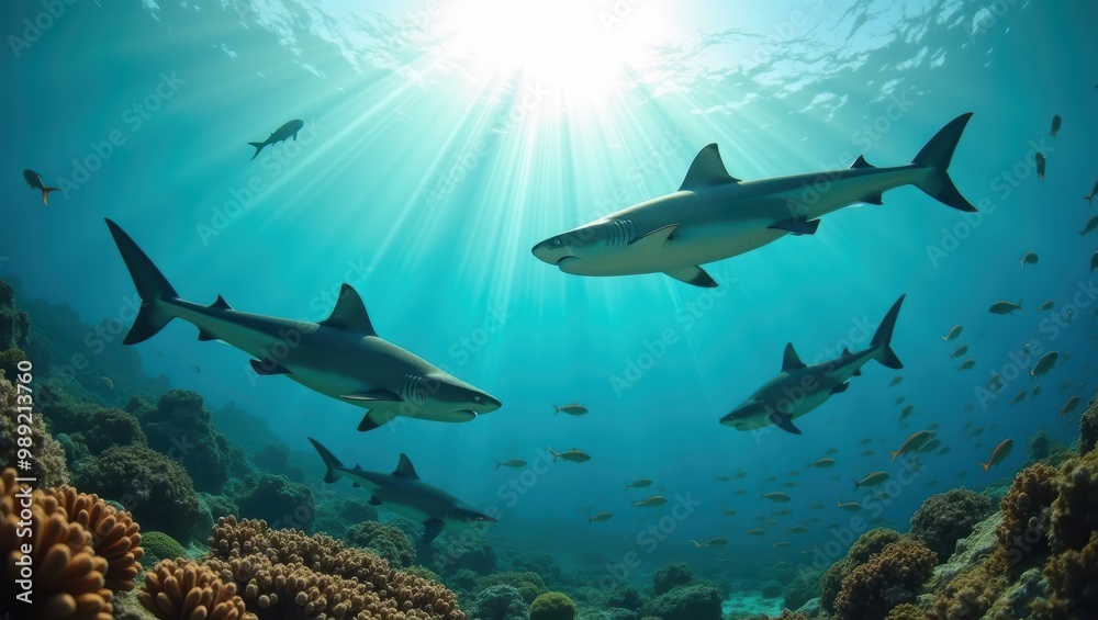 Sharks Swimming Through Coral Reef with Sunbeams Sharks Swimming Through Coral Reef with Sunbeams