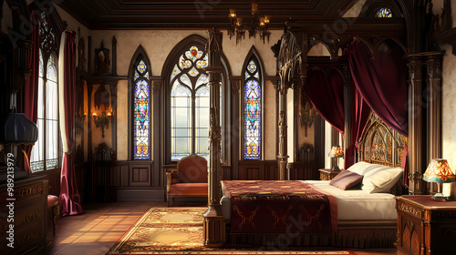 Gothic revival interior, luxurious gothic revival room with elaborate four-poster bed, plush velvet furniture, and stunning stained glass window in gothic arch design. Gothic Revival. Illustration photo