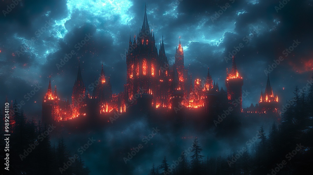 Obraz premium Dark eerie castle glowing neon as banners fly in wind picture
