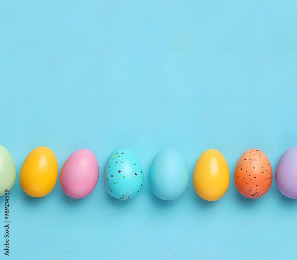 Colorful Easter Eggs Row Blue Background Colorful Easter Eggs Row Blue Background