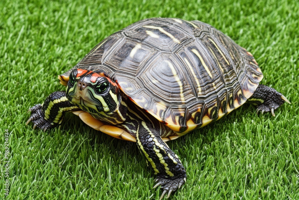 Fototapeta premium Close-up of colorful turtle on green grass