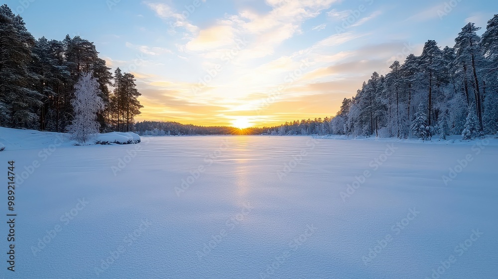 A snow covered field with a lake in the background. The sky is a beautiful orange and pink color A snow covered field with a lake in the background. The sky is a beautiful orange and pink color