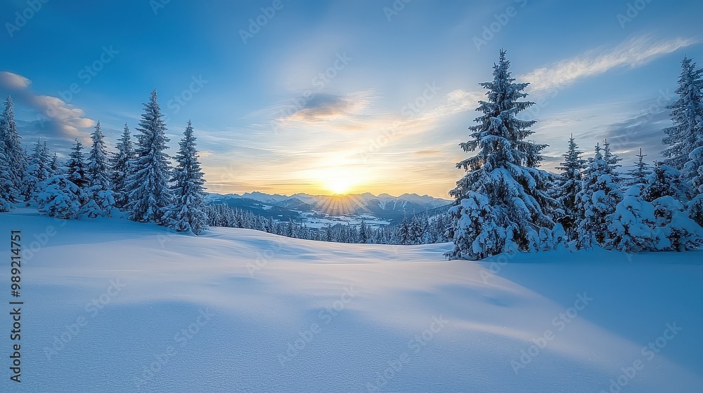 A snowy field with trees in the background and a beautiful sunset in the sky. The scene is peaceful and serene, with the sun setting behind the trees, casting a warm glow over the snow A snowy field with trees in the background and a beautiful sunset in the sky. The scene is peaceful and serene, with the sun setting behind the trees, casting a warm glow over the snow