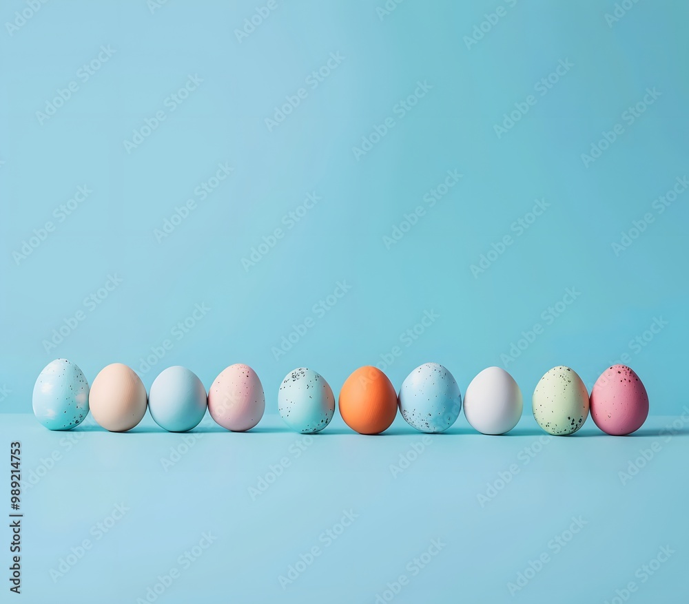 Colorful Easter Eggs Row Blue Background Colorful Easter Eggs Row Blue Background