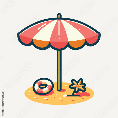 summer sandy beach with umbrellas and swimming balloons