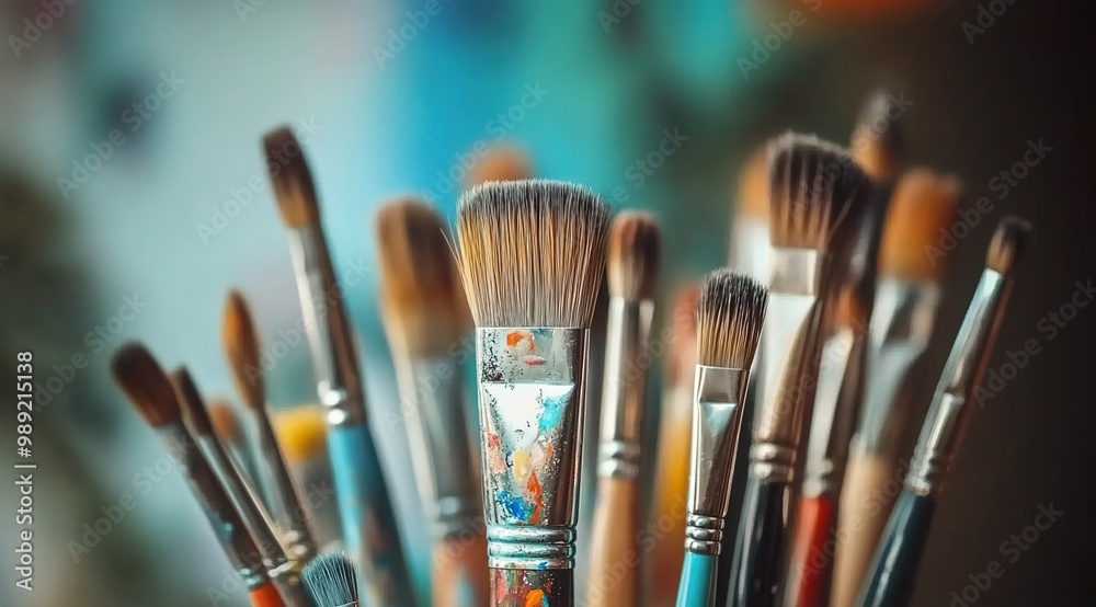 Fototapeta premium A collection of paintbrushes in various sizes and shapes, with one brush standing out as the focal point. 