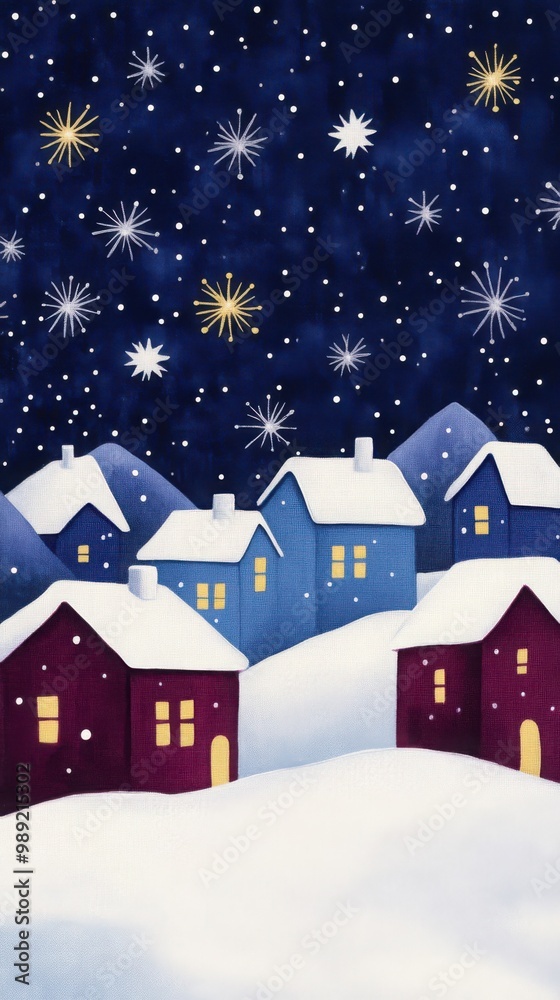 Fototapeta premium Festive Night Sky with Twinkling Stars and Snowy Houses