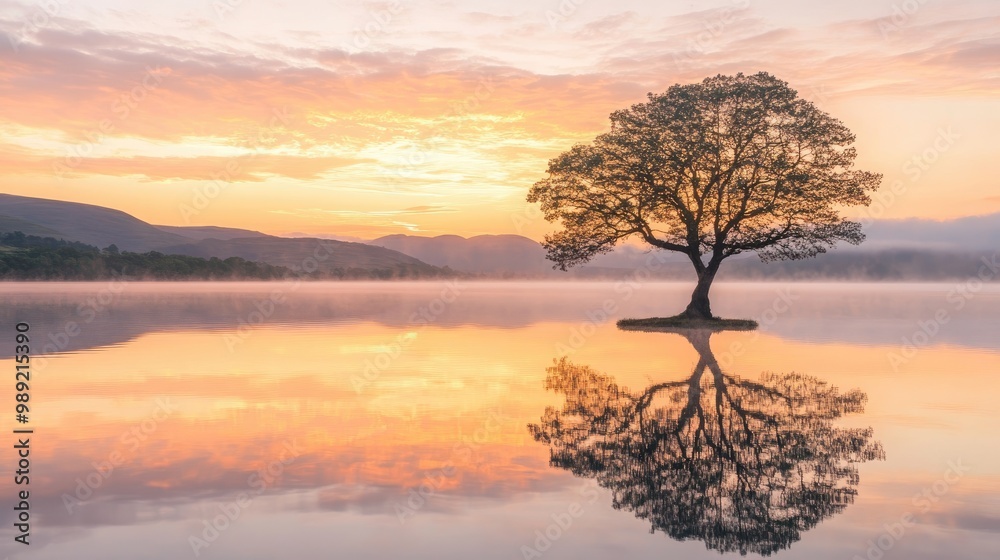 tree reflecting in a calm lake at sunrise, with soft orange and pink hues in the sky, creating a serene and peaceful scene tree reflecting in a calm lake at sunrise, with soft orange and pink hues in the sky, creating a serene and peaceful scene