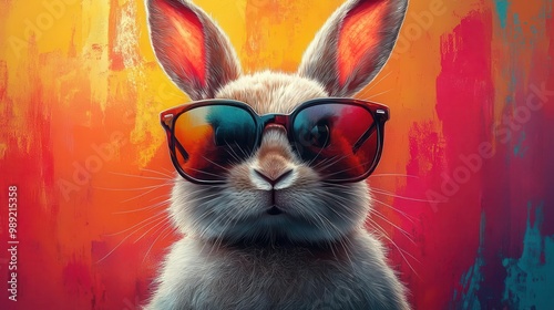 quirky illustration of a cool bunny wearing oversized sunglasses set against a vibrant colorblocked background with a pop art feel photo