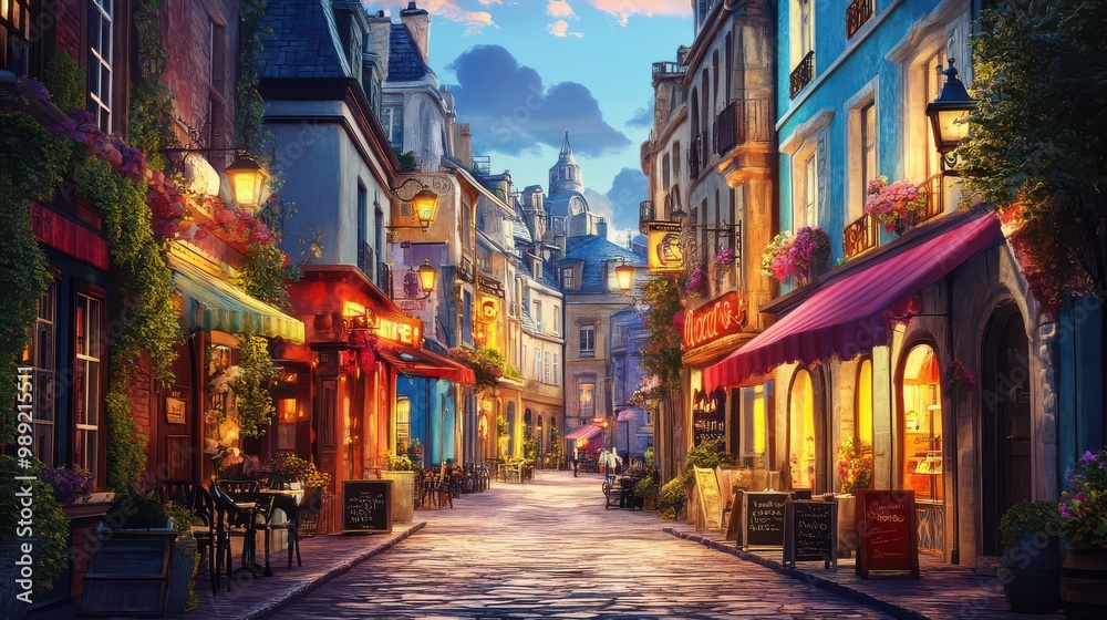 Charming Evening in a Colorful City Street Charming Evening in a Colorful City Street