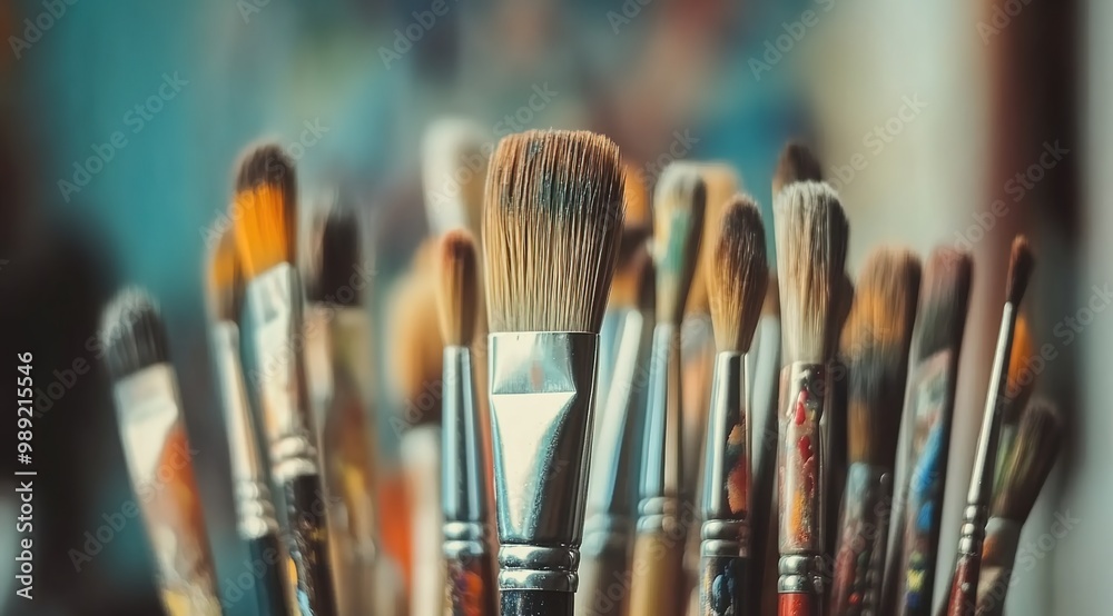 Fototapeta premium A collection of paintbrushes in various sizes and shapes, with one brush standing out as the focal point. 