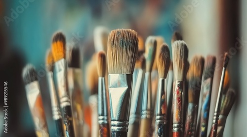  A collection of paintbrushes in various sizes and shapes, with one brush standing out as the focal point. 