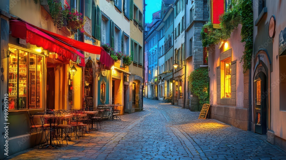Obraz premium Charming Cobblestone Street with Outdoor Dining