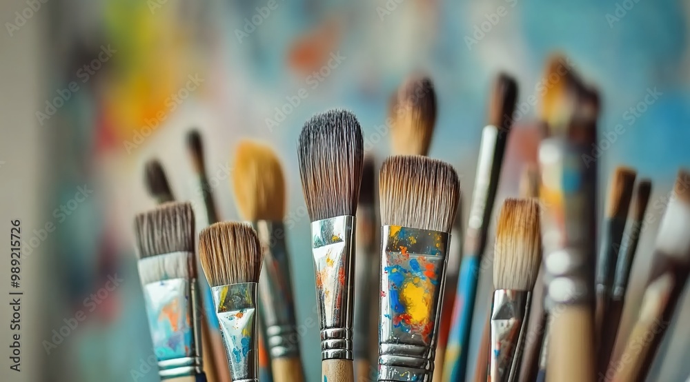 Fototapeta premium A collection of paintbrushes in various sizes and shapes, with one brush standing out as the focal point. 