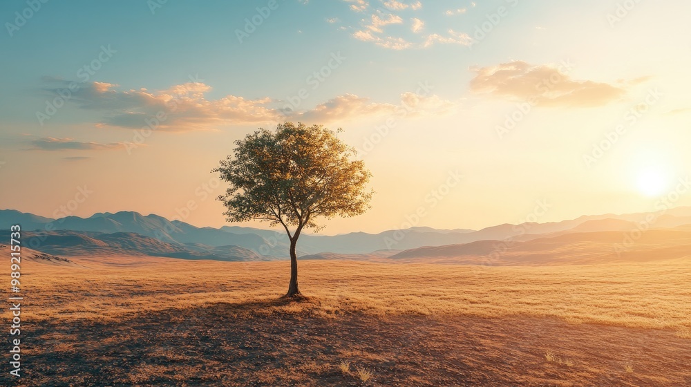 tree standing alone in a desertified landscape, symbolizing the effects of climate change, with distant mountains and a hot sun tree standing alone in a desertified landscape, symbolizing the effects of climate change, with distant mountains and a hot sun