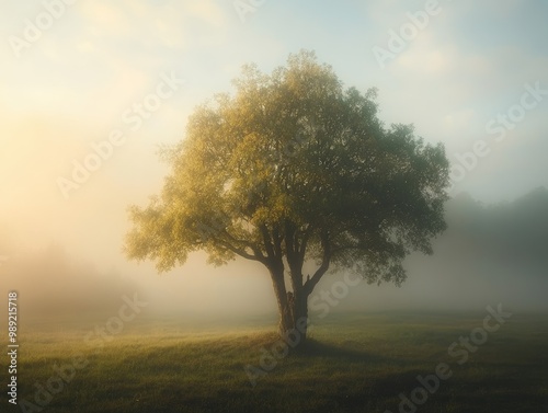 tree shrouded in morning mist, with soft light filtering through the haze in a quiet countryside setting