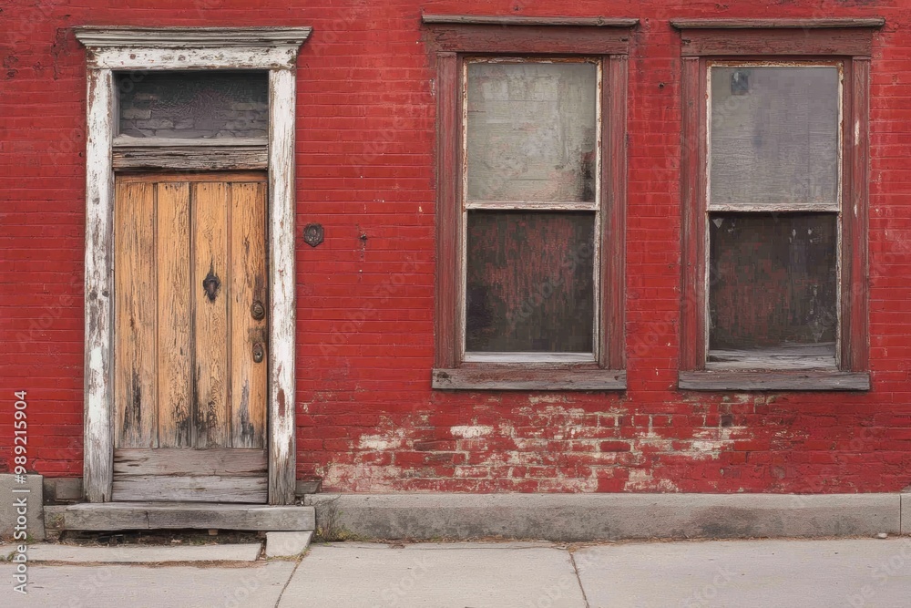 Weathered wooden door windows on red brick wall Weathered wooden door windows on red brick wall