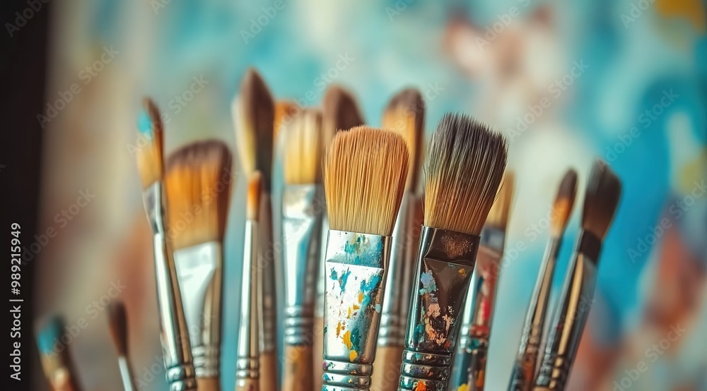 A collection of paintbrushes in various sizes and shapes, with one brush standing out as the focal point.
A collection of paintbrushes in various sizes and shapes, with one brush standing out as the focal point.