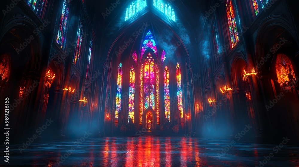 Neon banners glowing as they flutter on eerie dark castle picture Neon banners glowing as they flutter on eerie dark castle picture