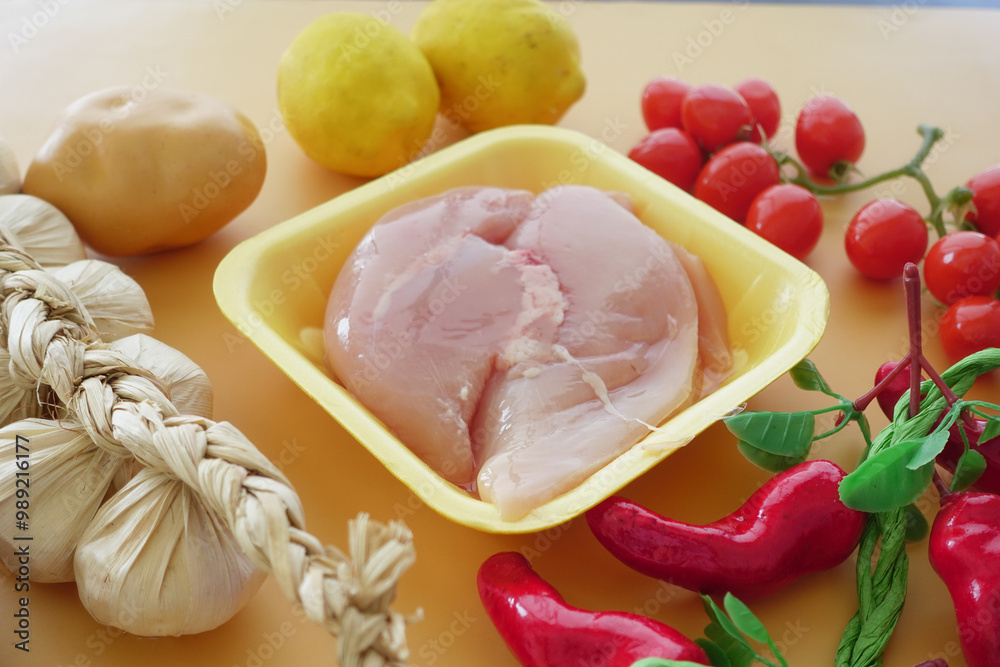 Fresh Chicken Breast with a Zesty Citrus Flavor and Colorful Vegetables for Cooking Delicious Meals Fresh Chicken Breast with a Zesty Citrus Flavor and Colorful Vegetables for Cooking Delicious Meals