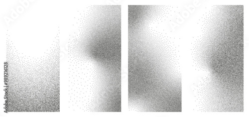Set of dotwork abstract noise gradient background. Collection of pointillism gradient pattern in dotwork style. Dotted set of shapes, stipple elements. rain noise halftone objects. Vector background