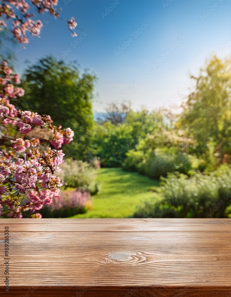 Tabletop against the backdrop of a home garden with flowers Tabletop against the backdrop of a home garden with flowers