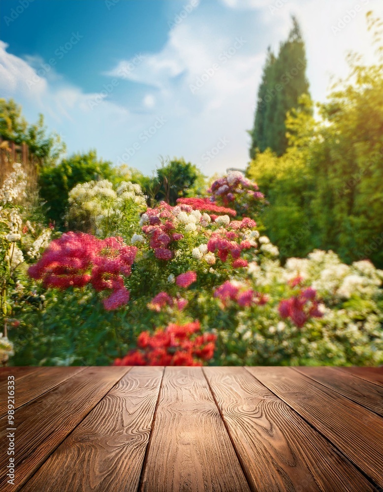 Fototapeta premium Tabletop against the backdrop of a home garden with flowers