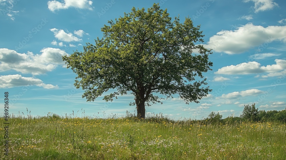Obraz premium tree surrounded by nature, with tall grass and wildflowers growing at the base, under a bright blue sky