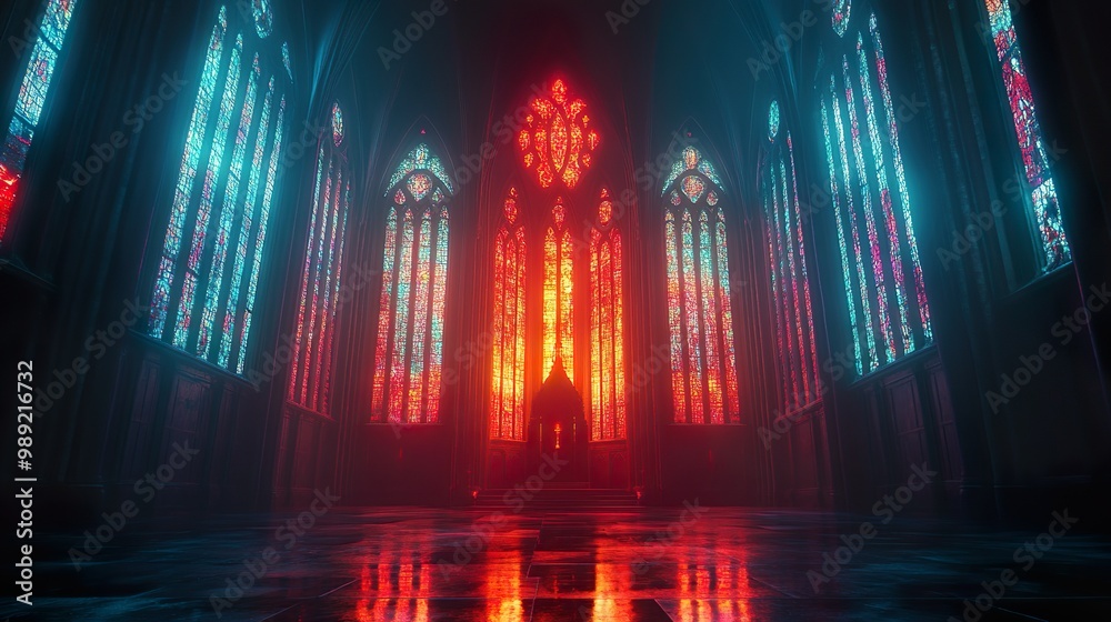 Neon banners glow and sway in wind on dark castle picture