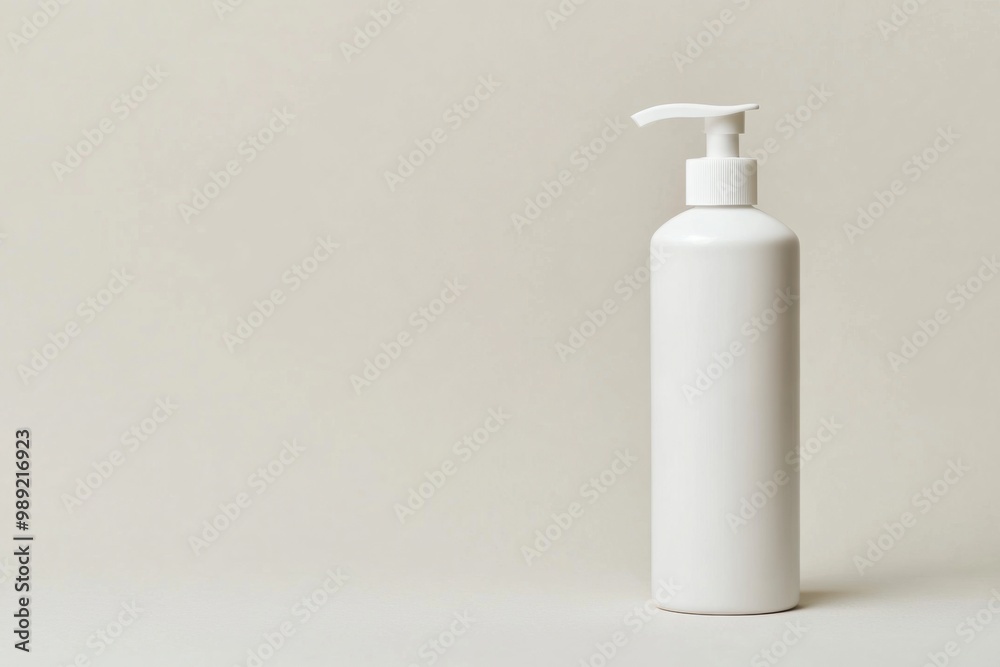 Minimalist white pump bottle on neutral background Minimalist white pump bottle on neutral background