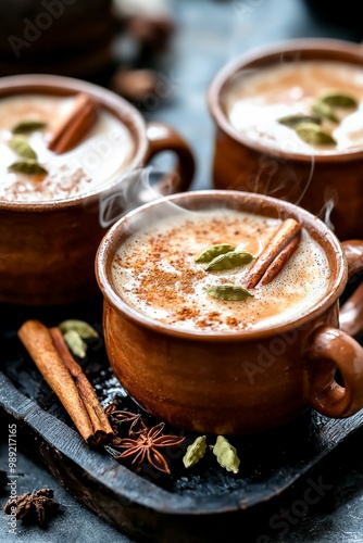 A cozy scene of Indian masala chai with cardamom, cinnamon, and cloves, served in traditional clay cups with steam rising