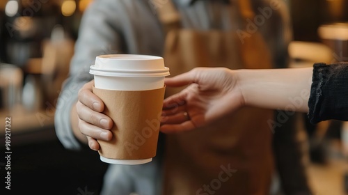 Hands exchanging a coffee cup in a cafe setting, warm ambiance. photo