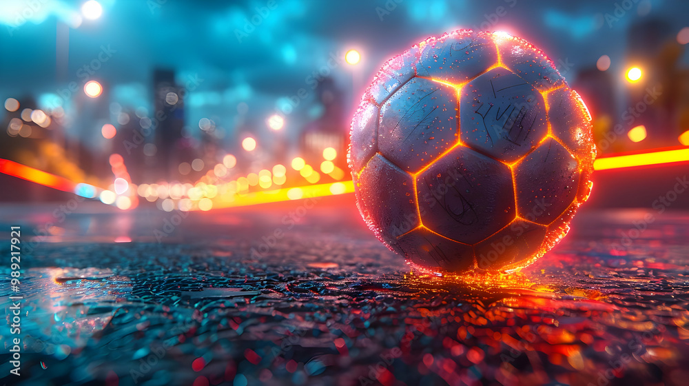 Naklejka premium Glowing Soccer Ball on Wet Pavement at Night 3D Illustration