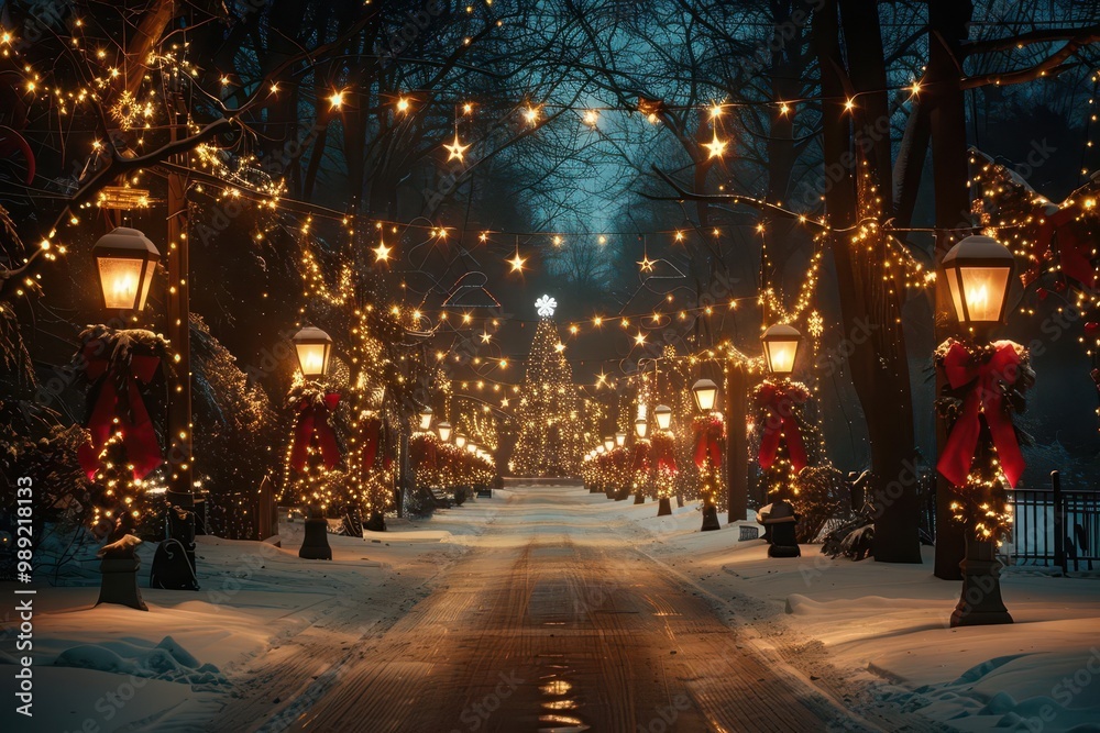 A peaceful winter scene featuring a snow-covered path adorned with festive lights and decorations under a starry night sky. A peaceful winter scene featuring a snow-covered path adorned with festive lights and decorations under a starry night sky.