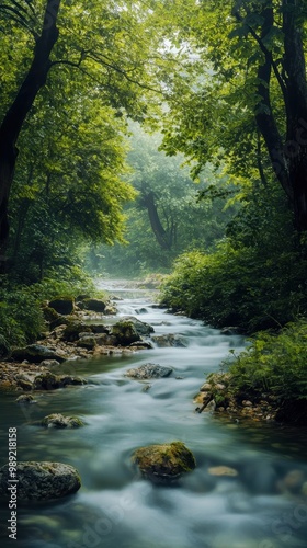 A tranquil river flowing through a forest, representing the peaceful flow of mindful serenity and nature mindful serenity, flow