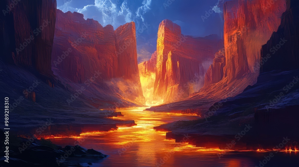 Fototapeta premium A serene canyon with glowing rivers running through, illuminating the towering rock formations under the darkened sky.