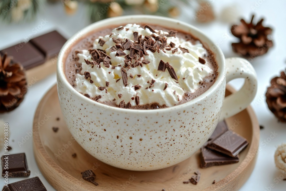 Hot Chocolate with Whipped Cream and Chocolate Shavings in a White Mug Hot Chocolate with Whipped Cream and Chocolate Shavings in a White Mug