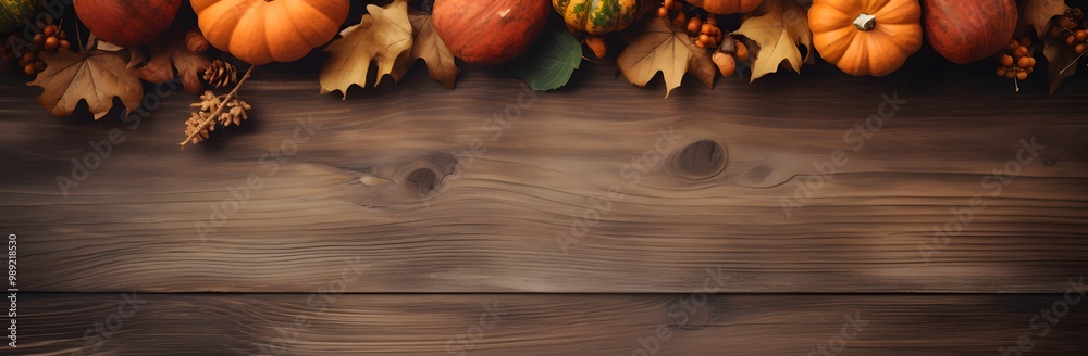 Rustic Wooden Background with Pumpkins and Autumn Leaves Rustic Wooden Background with Pumpkins and Autumn Leaves
