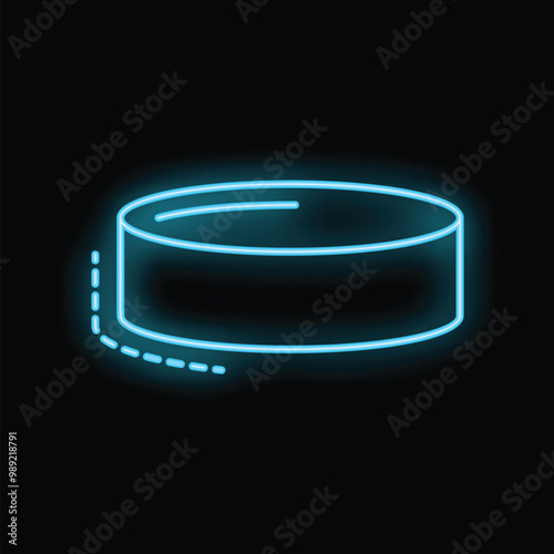 Blue neon sign showing a hockey puck leaving a trail on black background