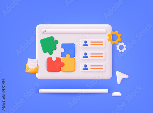 Project management. Symbol of teamwork. Problem-solving, business challenge in 3d hand of connection jigsaw puzzle, partnership success. 3D Web Vector Illustrations.