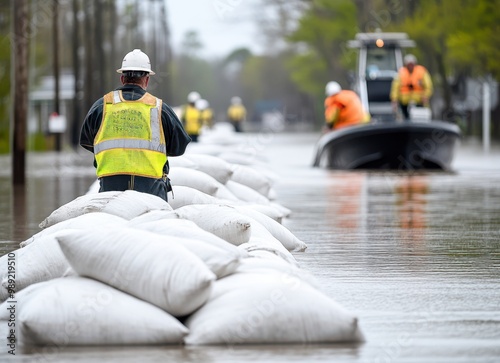 Flood Control Sandbags and Workers Protecting Property photo