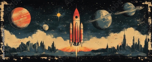 retro space exploration emblems with vintageinspired rockets planets and astronauts bold colors and distressed textures evoke nostalgia for the golden age of space travel