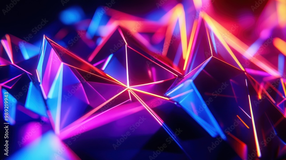 Abstract 3D polygon mesh with neon lighting, representing digital art and creative design 3D polygons, digital art