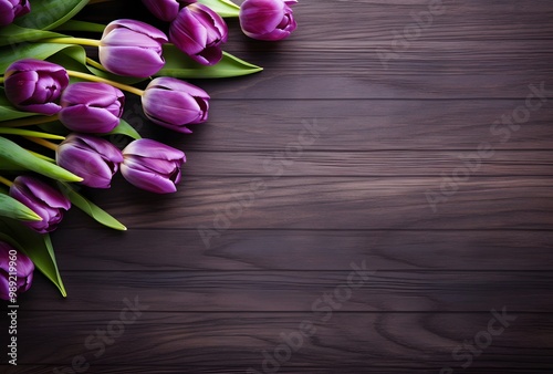 Purple Tulips on Rustic Wooden Table