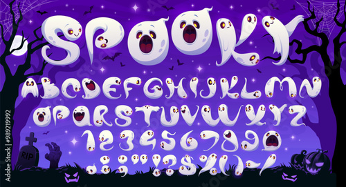 Cartoon Halloween ghosts font, spooky scary typeface, horror evil type, monster alphabet set with ghostly characters forming letters, numbers and punctuation symbols. Fun and eerie vector abc for kids