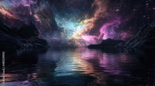 A serene lake on a distant moon, where the water reflects the swirling colors of a nearby nebula, creating a mesmerizing kaleidoscope of light.