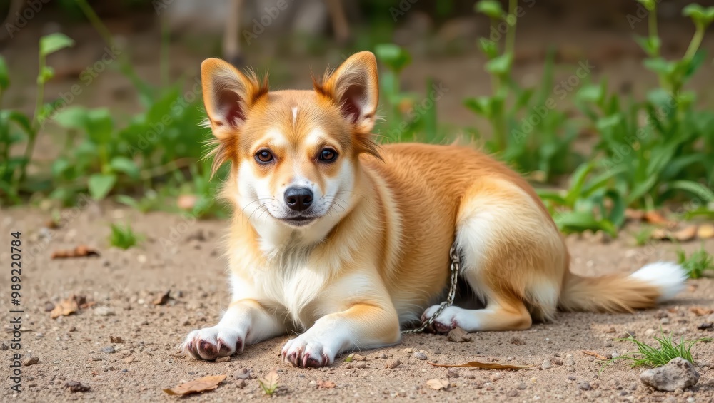 Adorable Brown and White Dog Lying Down on the Ground Adorable Brown and White Dog Lying Down on the Ground
