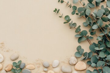 Minimalist botanical design with eucalyptus pebbles on beige background