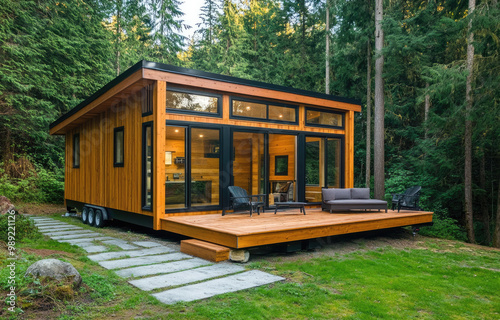 a tiny house on wheels in the forest, with a wooden exterior, windows, and a door in the front. There is a small deck near the entrance, surrounded by natural surroundings in a clean environment