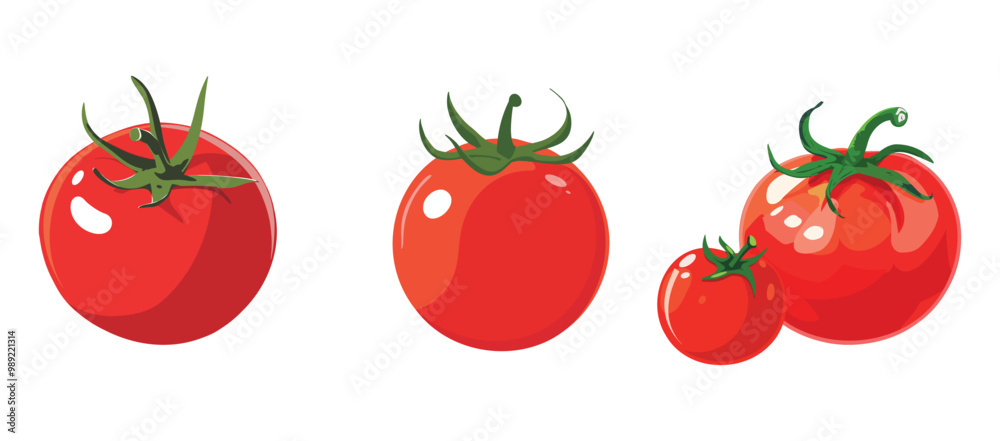 Set of 3 vector illustration of a red tomato isolated on white background in cartoon style